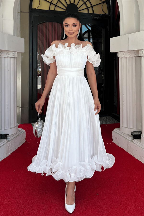 Şifon Kumaş Volan Detaylı Midi Elbise - BEYAZ