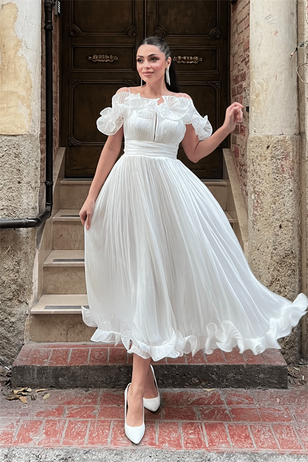 Şifon Kumaş Volan Detaylı Midi Elbise - BEYAZ