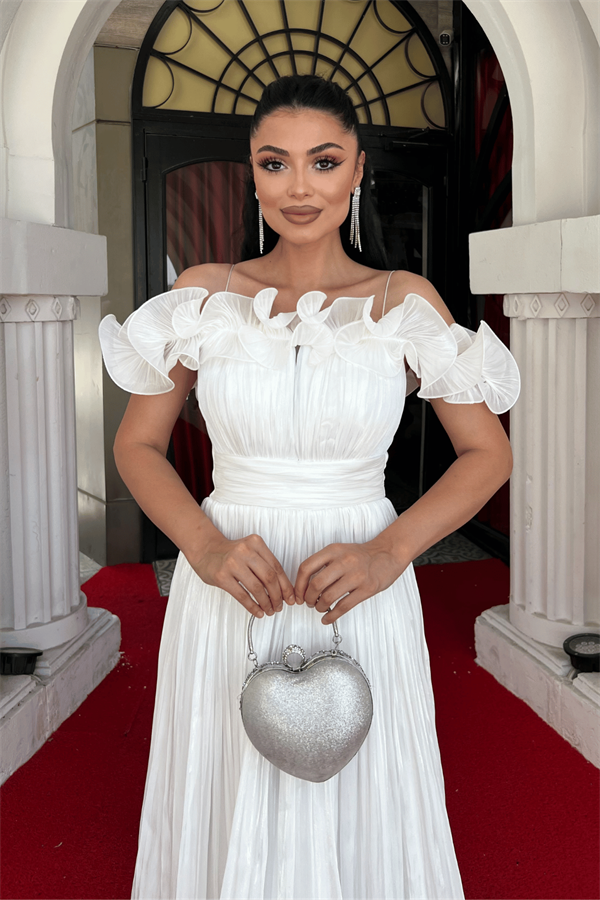 Şifon Kumaş Volan Detaylı Midi Elbise - BEYAZ