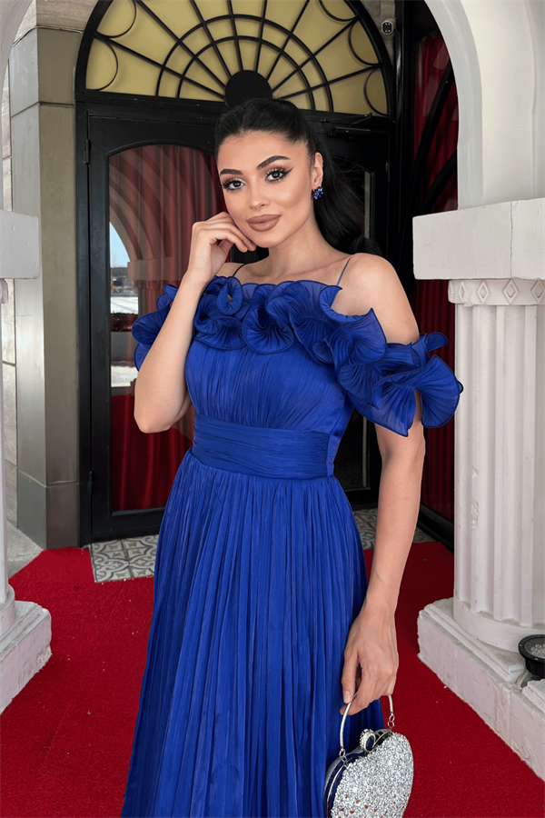 Şifon Kumaş Volan Detaylı Midi Elbise - SAKS MAVİ