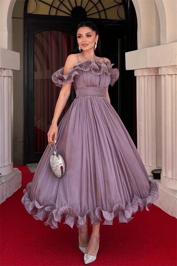 Şifon Kumaş Volan Detaylı Midi Elbise - GÜL KURUSU