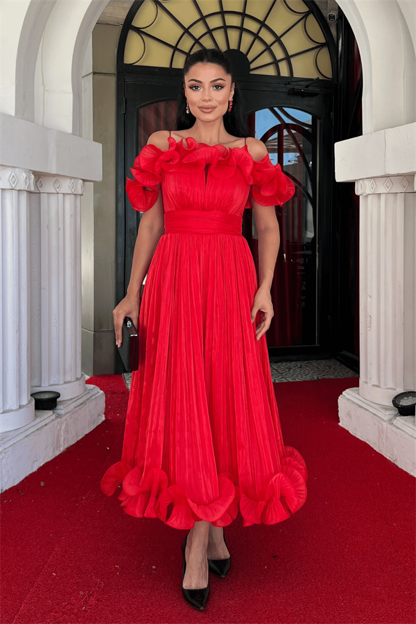 Şifon Kumaş Volan Detaylı Midi Elbise - KIRMIZI