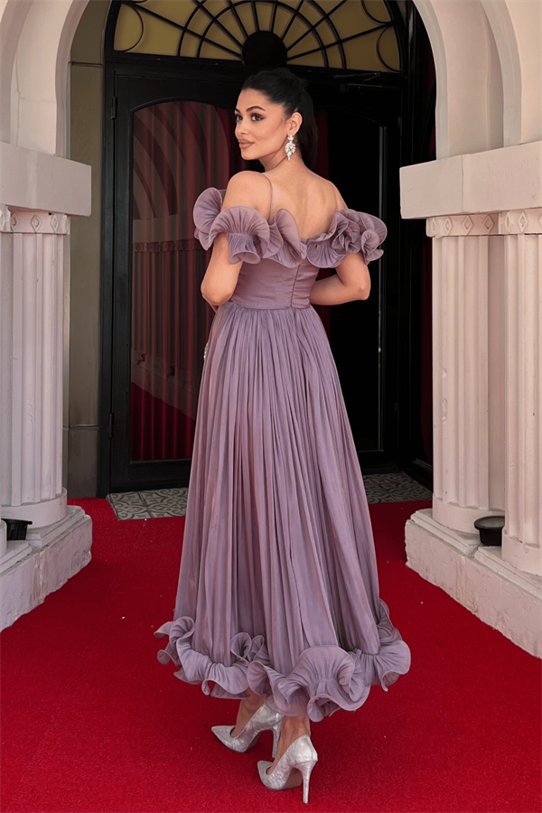 Şifon Kumaş Volan Detaylı Midi Elbise - GÜL KURUSU