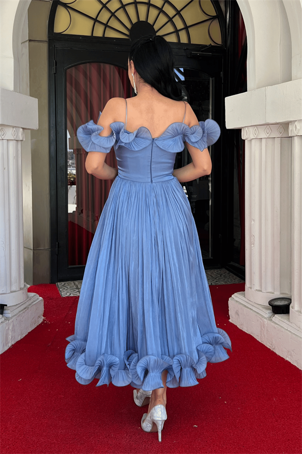 Şifon Kumaş Volan Detaylı Midi Elbise - İNDİGO MAVİ