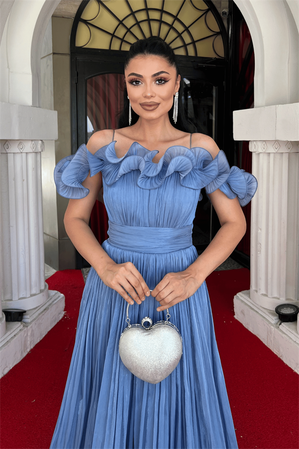 Şifon Kumaş Volan Detaylı Midi Elbise - İNDİGO MAVİ