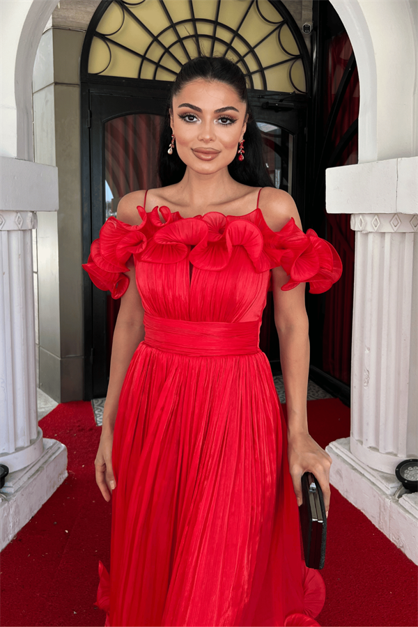 Şifon Kumaş Volan Detaylı Midi Elbise - KIRMIZI