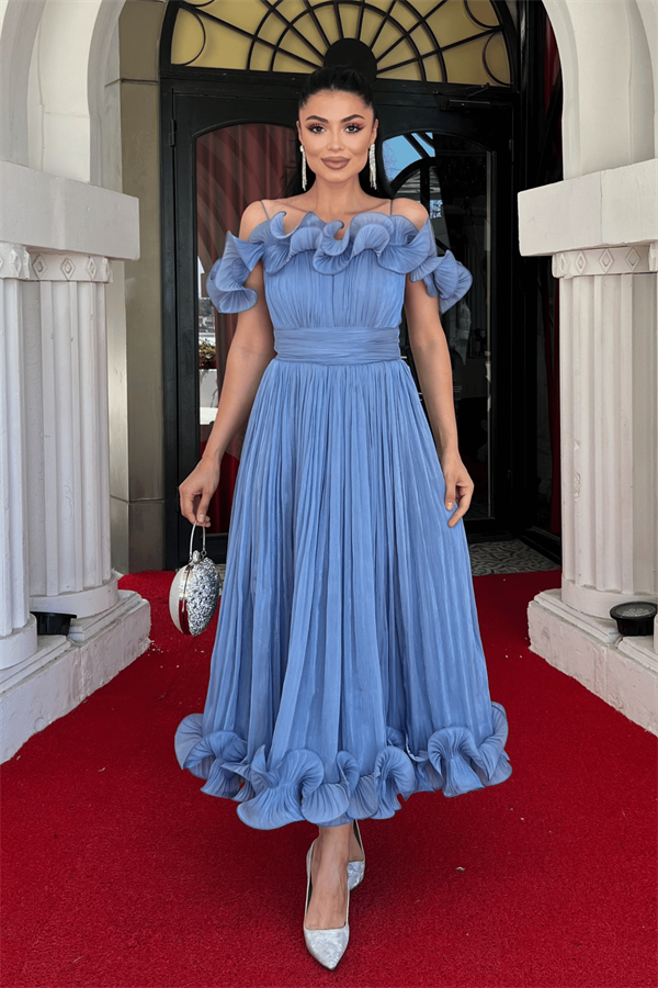 Şifon Kumaş Volan Detaylı Midi Elbise - İNDİGO MAVİ