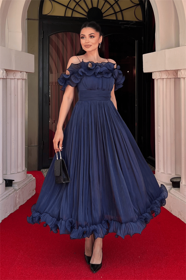 Şifon Kumaş Volan Detaylı Midi Elbise - LACİVERT