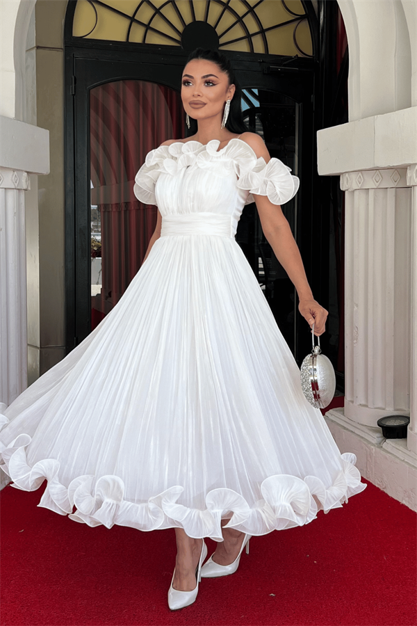 Şifon Kumaş Volan Detaylı Midi Elbise - BEYAZ