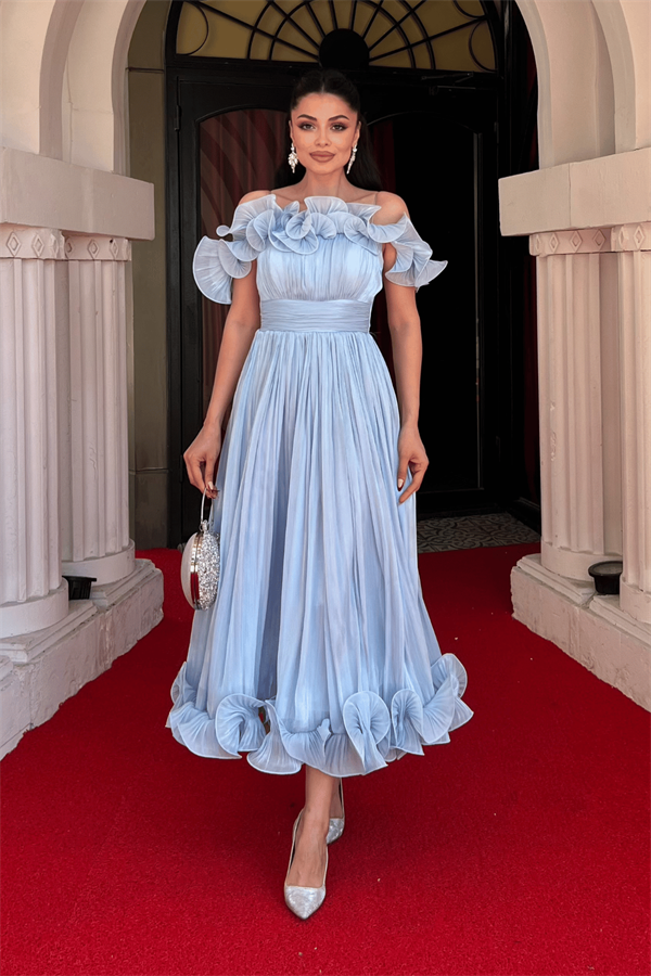 Şifon Kumaş Volan Detaylı Midi Elbise - BEBE MAVİSİ