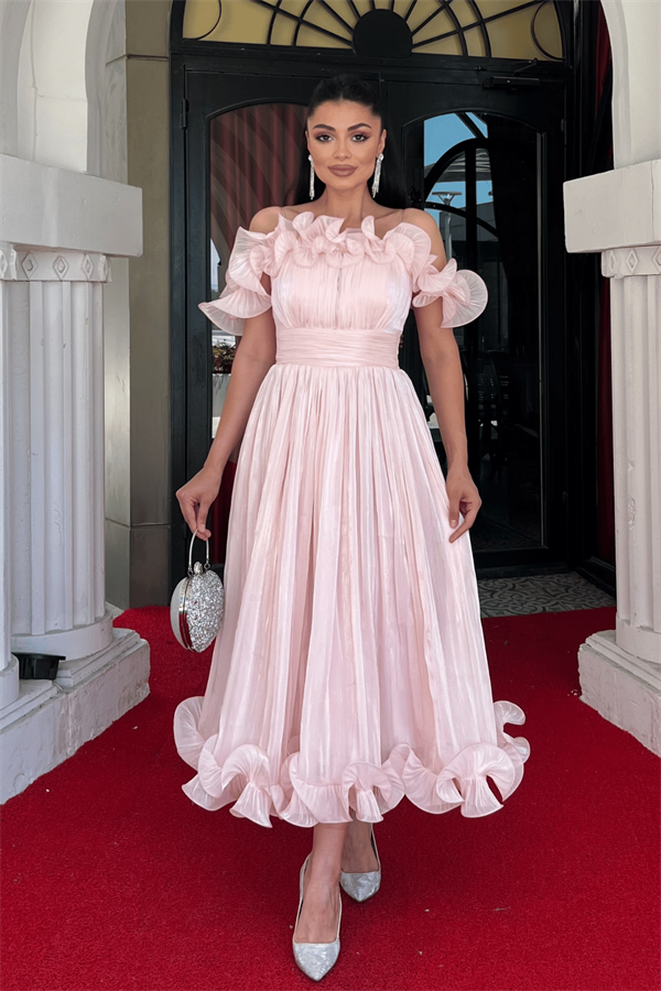 Şifon Kumaş Volan Detaylı Midi Elbise - PUDRA