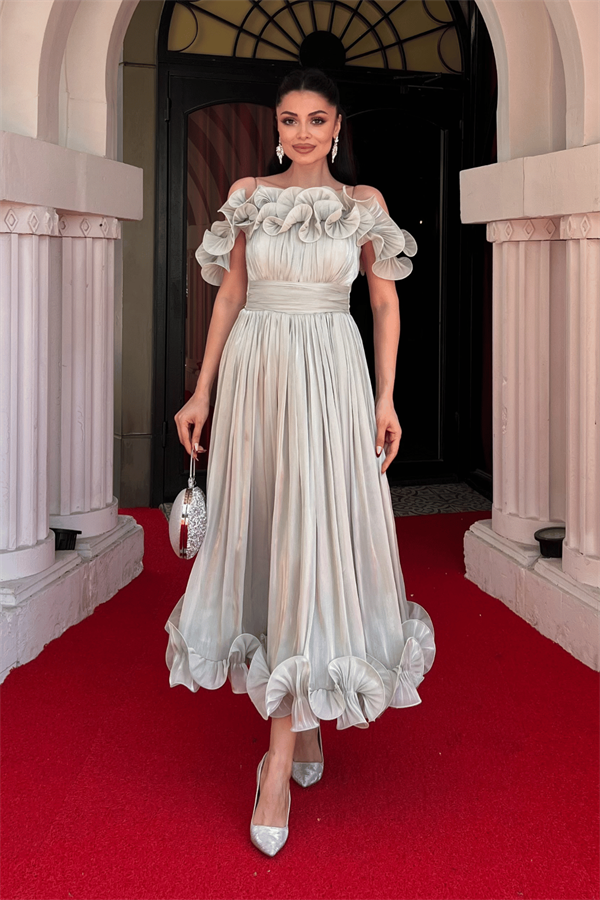 Şifon Kumaş Volan Detaylı Midi Elbise - MİNT YEŞİLİ