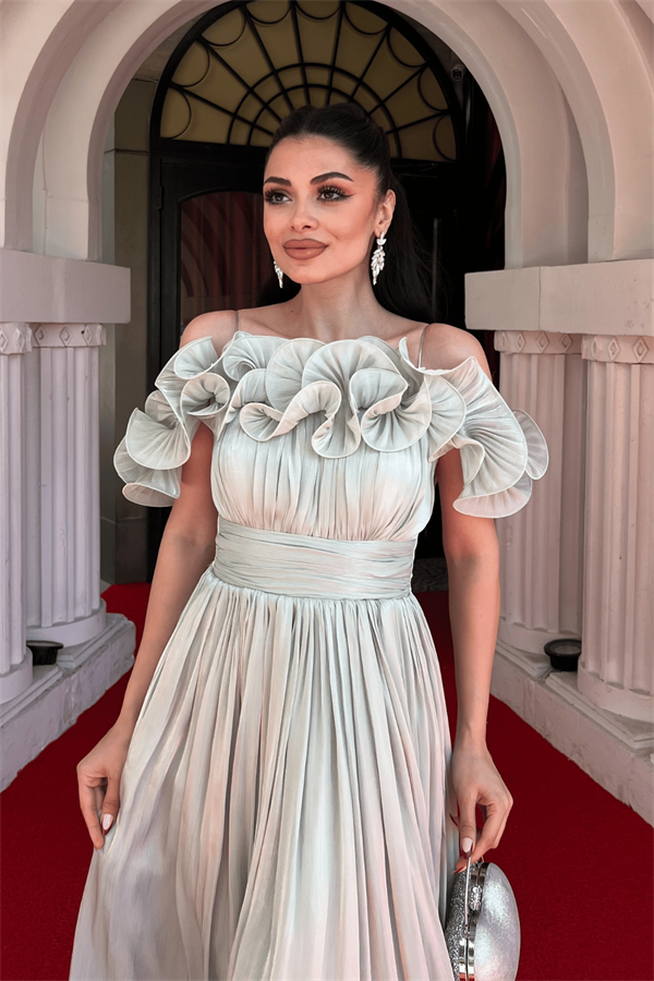 Şifon Kumaş Volan Detaylı Midi Elbise - MİNT YEŞİLİ