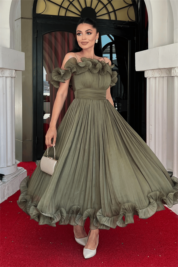 Şifon Kumaş Volan Detaylı Midi Elbise - HAKİ YEŞİLİ