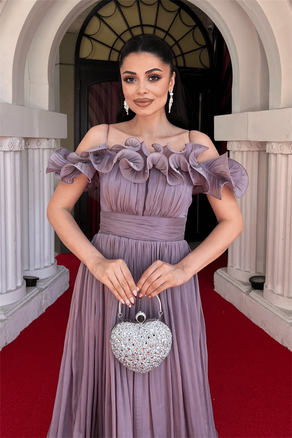 Şifon Kumaş Volan Detaylı Midi Elbise - GÜL KURUSU