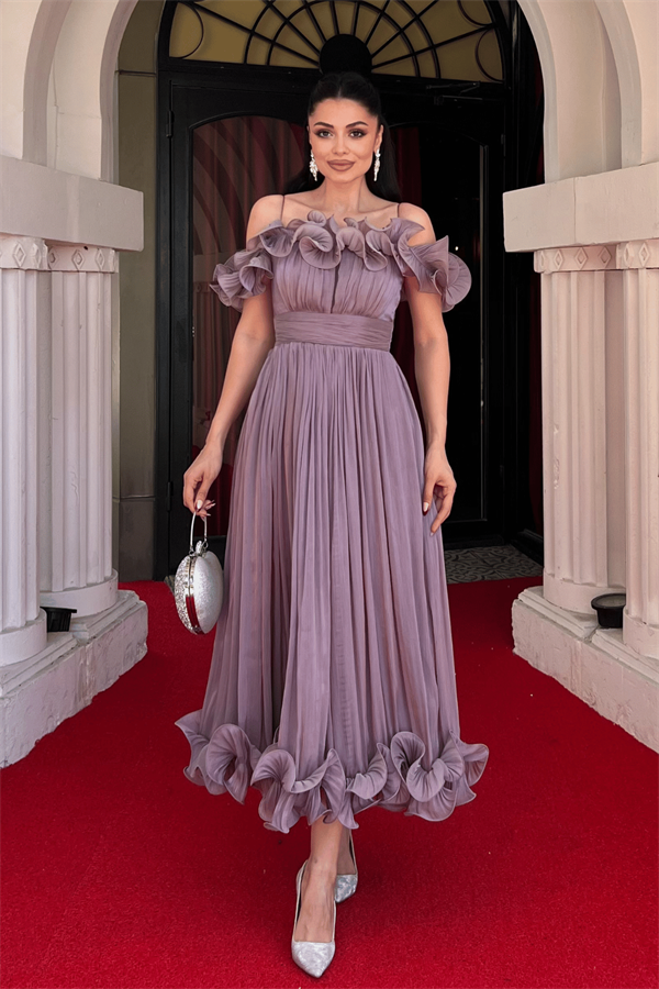 Şifon Kumaş Volan Detaylı Midi Elbise - GÜL KURUSU