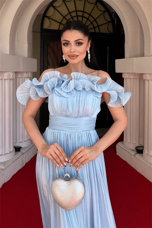 Şifon Kumaş Volan Detaylı Midi Elbise - BEBE MAVİSİ