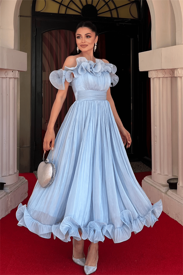 Şifon Kumaş Volan Detaylı Midi Elbise - BEBE MAVİSİ