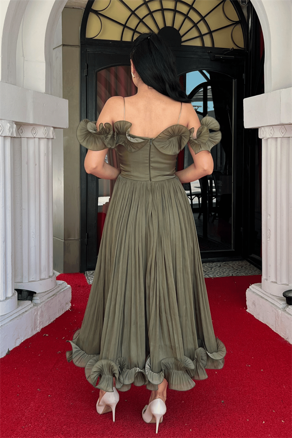 Şifon Kumaş Volan Detaylı Midi Elbise - HAKİ YEŞİLİ