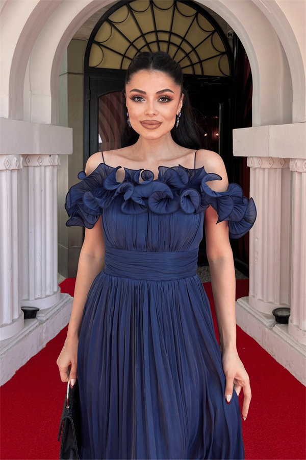 Şifon Kumaş Volan Detaylı Midi Elbise - LACİVERT