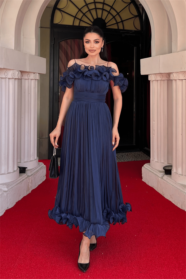 Şifon Kumaş Volan Detaylı Midi Elbise - LACİVERT