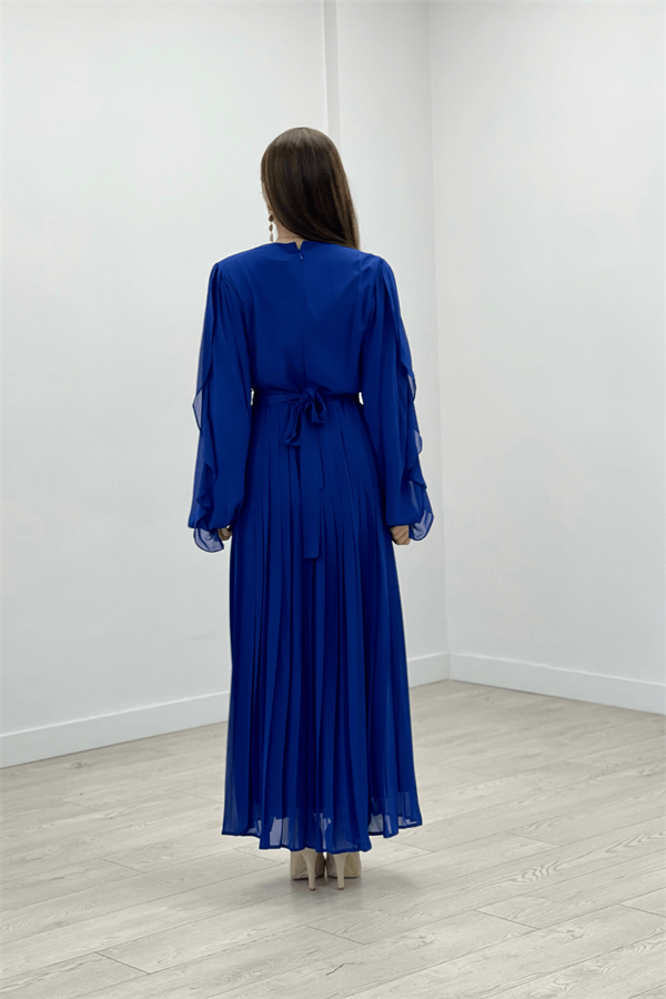 Chiffon Fabric Flywheel Pleat Detailed Evening Dress - SAKS BLUE