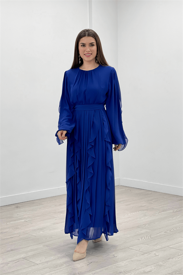 Chiffon Fabric Flywheel Pleat Detailed Evening Dress - SAKS BLUE