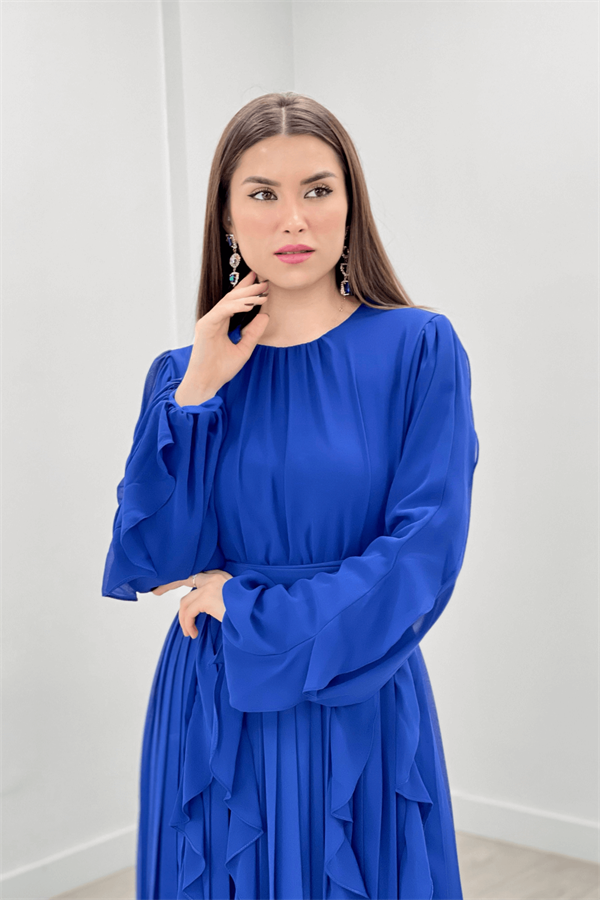 Chiffon Fabric Flywheel Pleat Detailed Evening Dress - SAKS BLUE