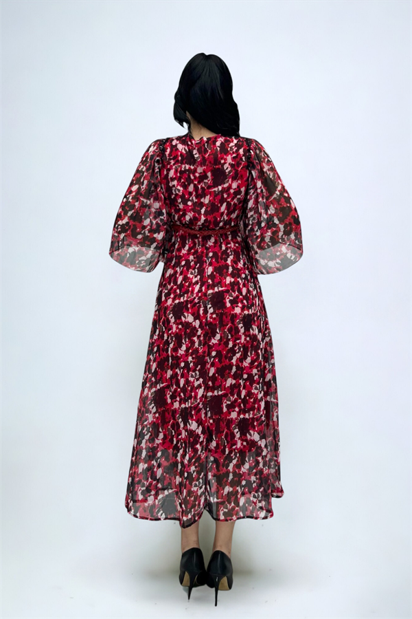 Şifon Kumaş Yarasa Kol Midi Elbise - KIRMIZI