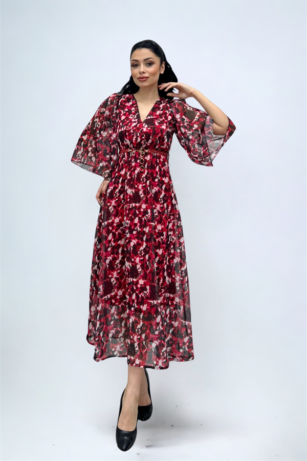 Şifon Kumaş Yarasa Kol Midi Elbise - KIRMIZI