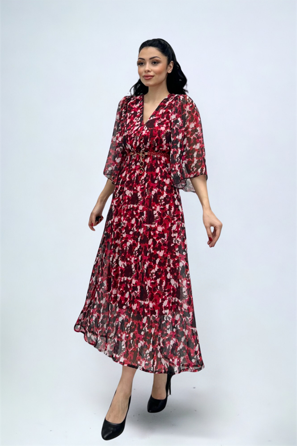 Şifon Kumaş Yarasa Kol Midi Elbise - KIRMIZI