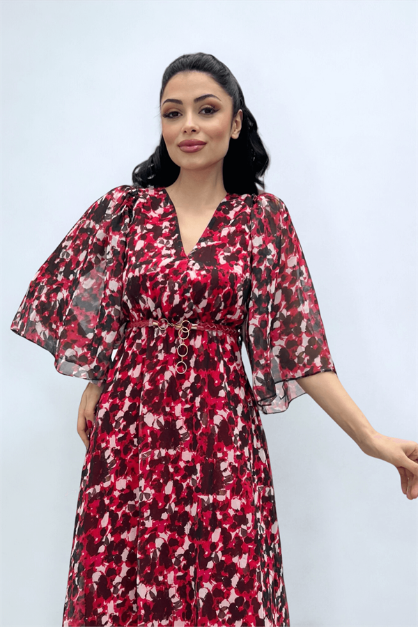 Şifon Kumaş Yarasa Kol Midi Elbise - KIRMIZI