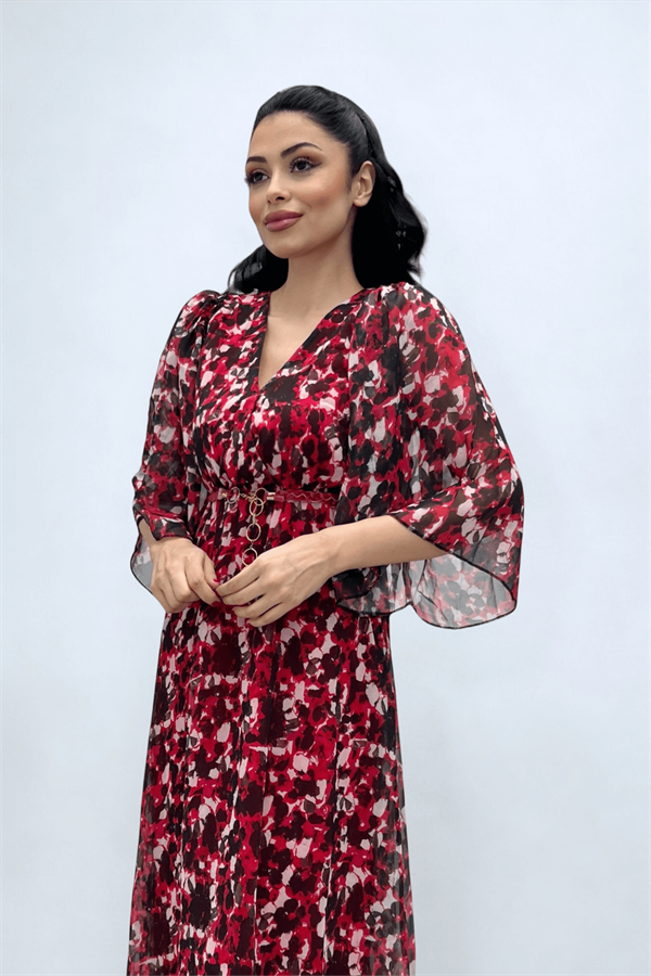 Şifon Kumaş Yarasa Kol Midi Elbise - KIRMIZI