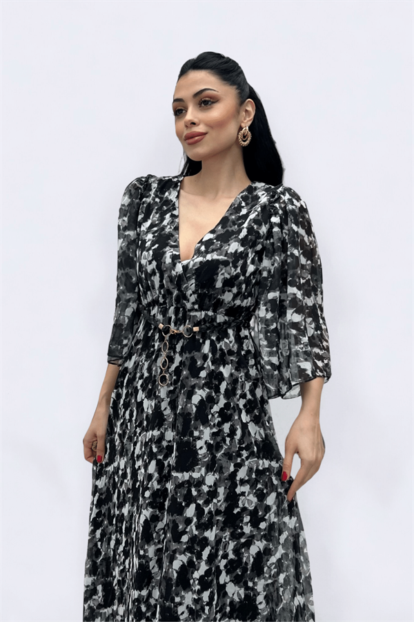 Şifon Kumaş Yarasa Kol Midi Elbise - SİYAH