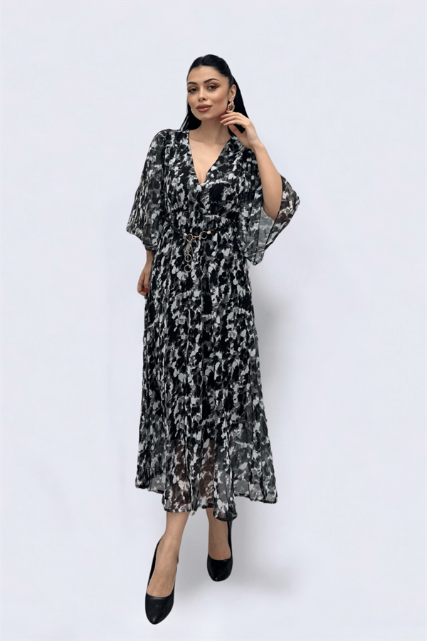 Şifon Kumaş Yarasa Kol Midi Elbise - SİYAH