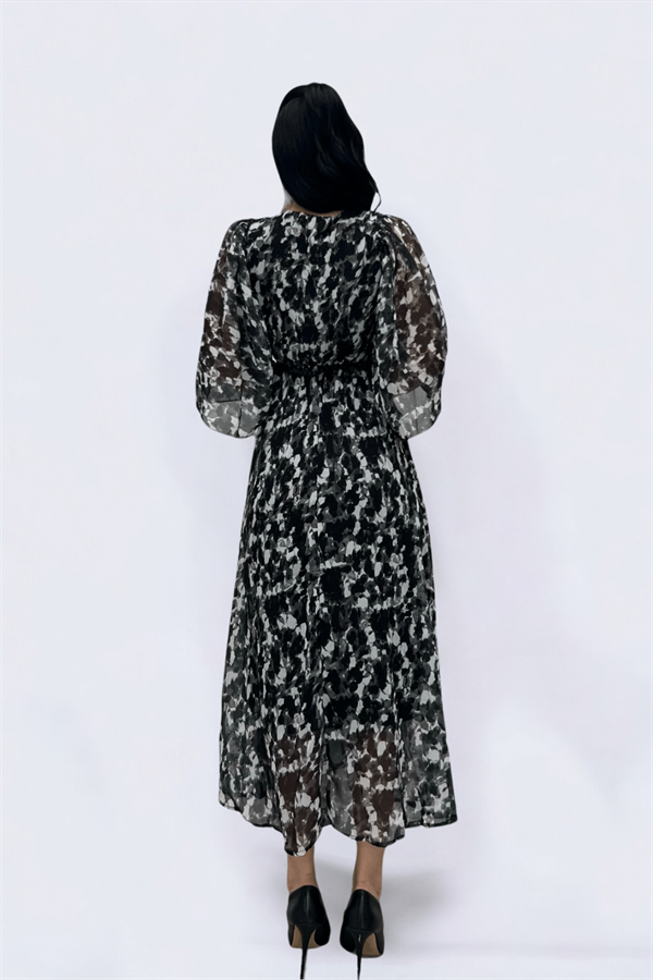 Şifon Kumaş Yarasa Kol Midi Elbise - SİYAH