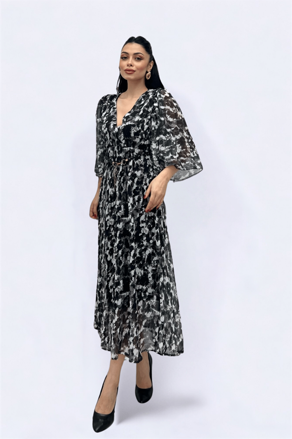 Şifon Kumaş Yarasa Kol Midi Elbise - SİYAH