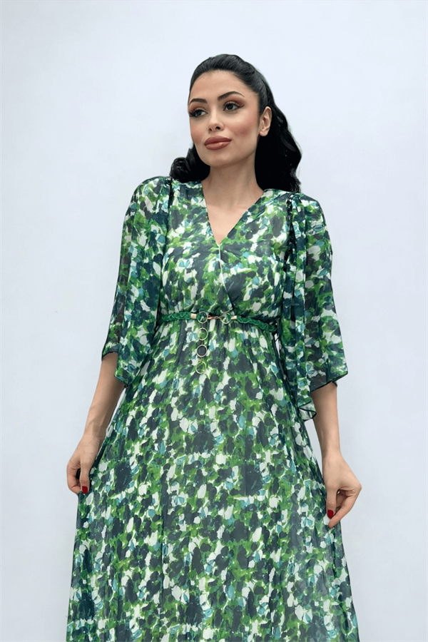 Şifon Kumaş Yarasa Kol Midi Elbise - YEŞİL