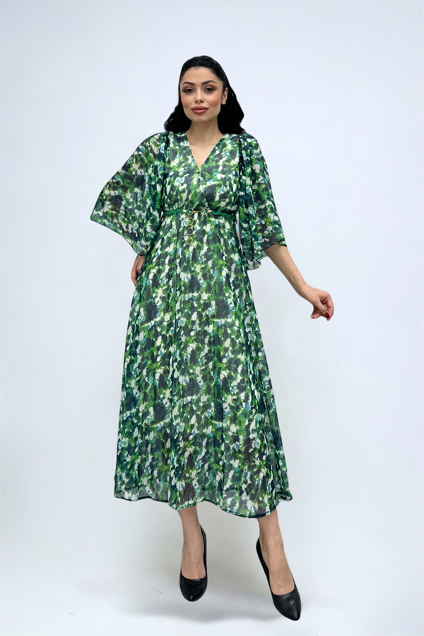 Şifon Kumaş Yarasa Kol Midi Elbise - YEŞİL