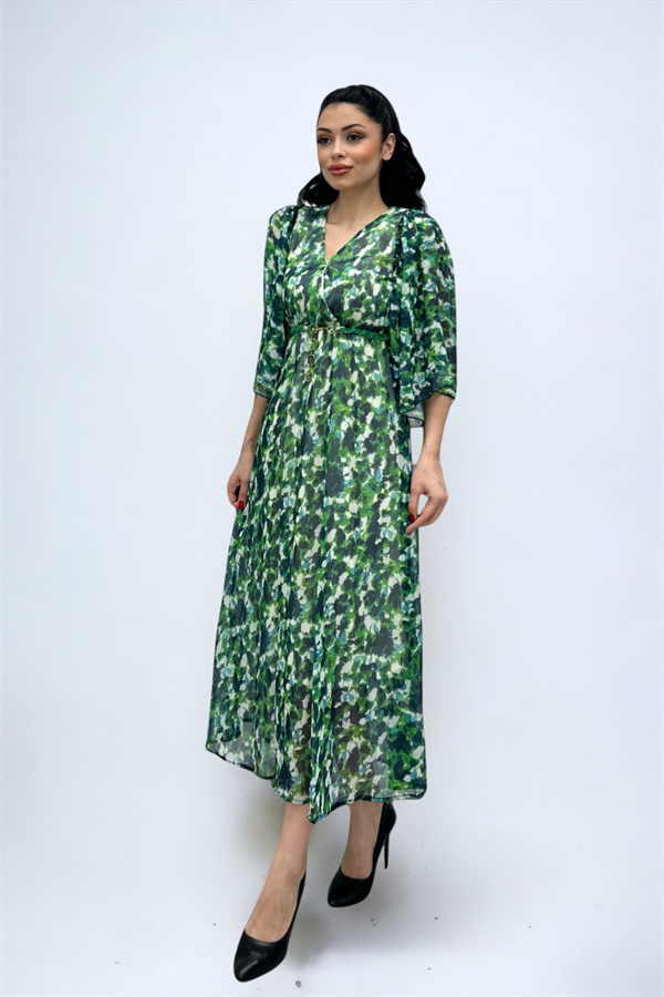 Şifon Kumaş Yarasa Kol Midi Elbise - YEŞİL