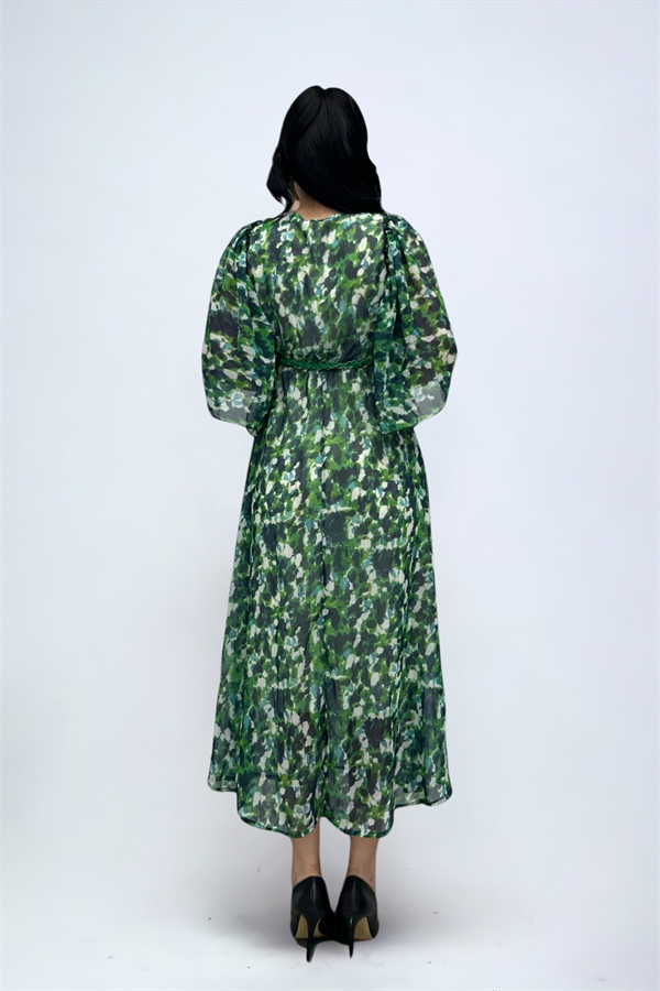 Şifon Kumaş Yarasa Kol Midi Elbise - YEŞİL