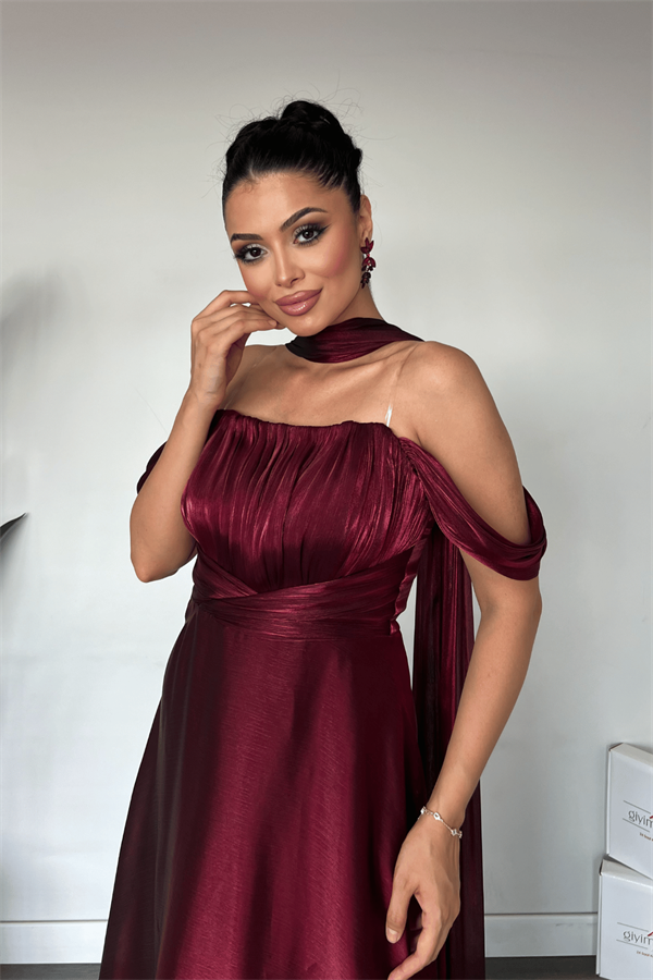 Şifon Organze Kumaş Büzgü Detaylı Abiye Elbise - BORDO