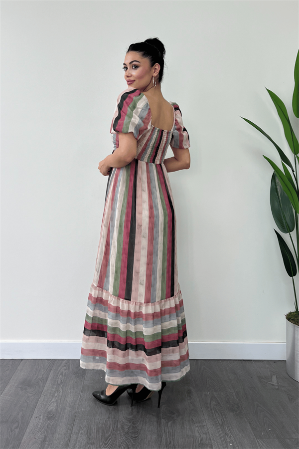 Şifon Renkli Çizgili Kumaş Balon Kol Elbise - KREM