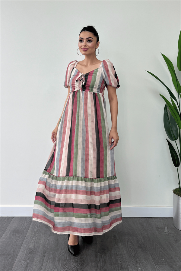 Şifon Renkli Çizgili Kumaş Balon Kol Elbise - KREM