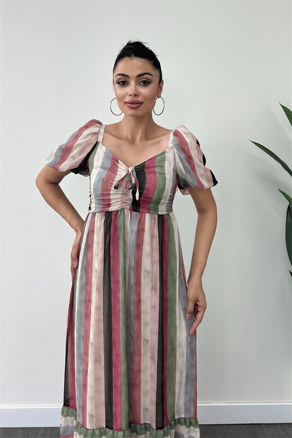 Şifon Renkli Çizgili Kumaş Balon Kol Elbise - KREM