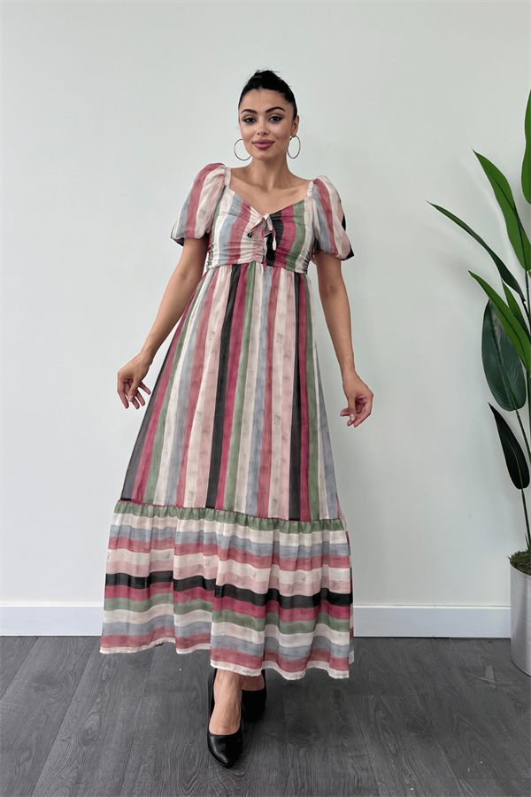 Şifon Renkli Çizgili Kumaş Balon Kol Elbise - KREM