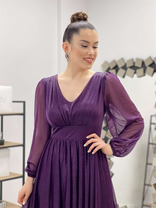 Shimmer Detailed Midi Dress - Purple