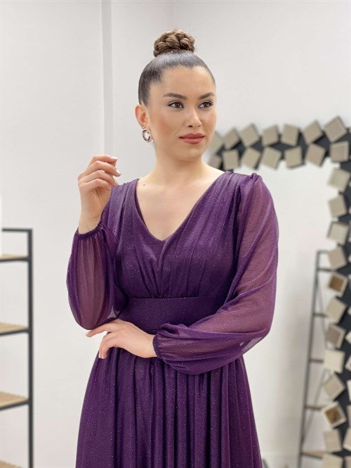 Shimmer Detailed Midi Dress - Purple