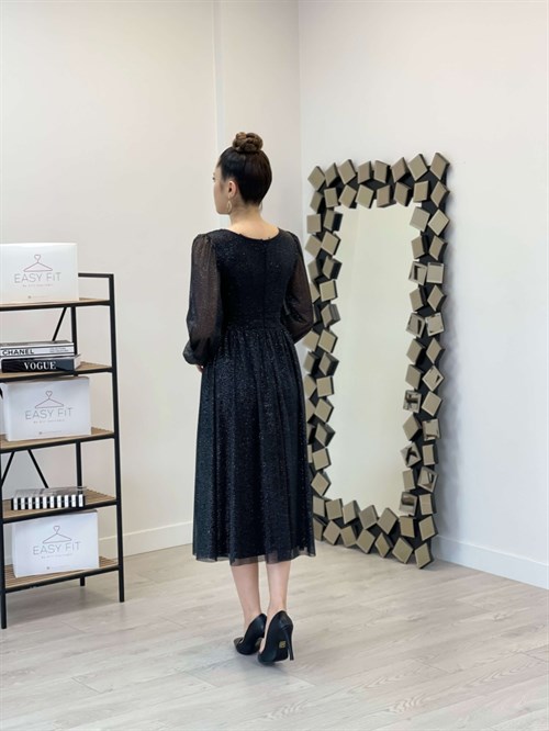Shimmer Detailed Midi Dress - Black