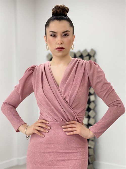 فستان ضيق لامع - لون البودرة